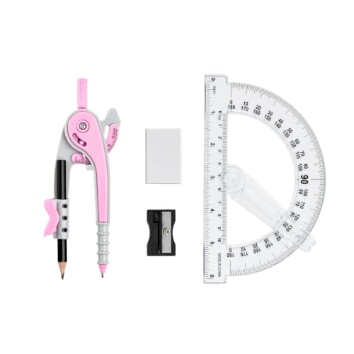 Vobou Compass and Protractor Set, 6 Inch Protractor with Swing Arm (Pink) | Compasses for Math for Drafting, Sharpener, Eraser and 180 Degree 6 Inch Clear Protractor, Easy Grip, School Supplies - color: Pink