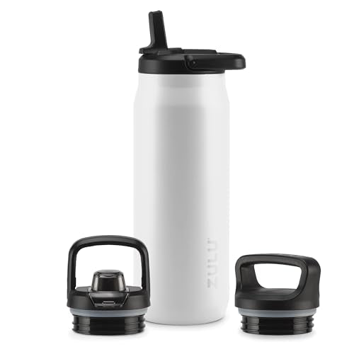 ZULU Base 32oz Stainless Steel Water Bottle with 3 Lids- Straw, Chug, Twist | Double Walled and Vacuum Insulated Metal Thermos | For Gym, Workout, Outdoor | Built in Carry Loop, Dishwasher Safe, White - color: White, style: 32oz