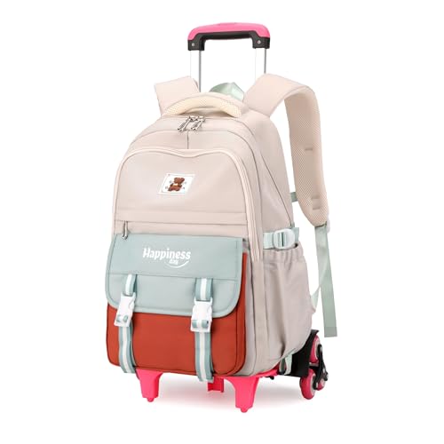 Girls Rolling Backpack for School Kids, Carry-on Wheeled School Bag Backpack for Girls with 6 Wheels, Beige - color: 6 Wheels-02-beige, style: 6 Wheels