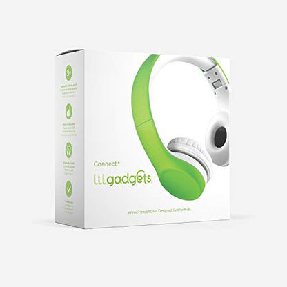 LilGadgets Connect+ Foldable Headphones, Adjustable Fit Soft Touch Padding for Kids with Mic, Volume-Limited & Noise Reduction On-Ear Wired Headset for School with SharePort - Green, Ages 3-14 - color: Green