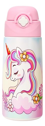 Girls Insulated Water Bottle with Covered Pop-Up Straw,16 oz Kids Cups with Stainless Steel Leak Proof for School Pink（Unicorn） - color: A10.Unicorn, style: 1Pack
