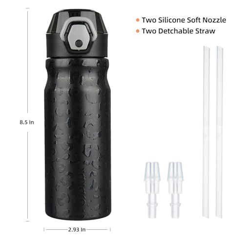 BJPKPK 18oz Insulated Water Bottle with Straw Stainless Steel Double Wall Water Bottles BPA Free Leak Proof Thermal Flask with Lockable Flip Lid and Soft Silicone Spout,Black Leopard - color: A-Black Leopard, size: 18 Ounces