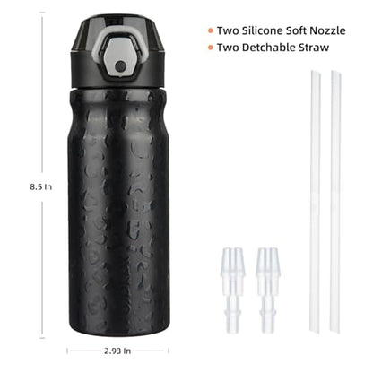 BJPKPK 18oz Insulated Water Bottle with Straw Stainless Steel Double Wall Water Bottles BPA Free Leak Proof Thermal Flask with Lockable Flip Lid and Soft Silicone Spout,Black Leopard - color: A-Black Leopard, size: 18 Ounces