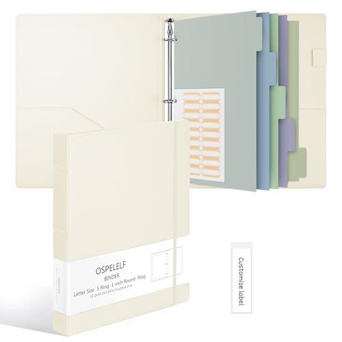 Ospelelf Vintage Hardcover 3 Ring 1 inch Leather Binder, Professional Binders Organizer Suitable for Letter Size Documents, Binder Dividers with Tabs, Beige - color: Beige, size: Letter Size - 1 Inch Ring