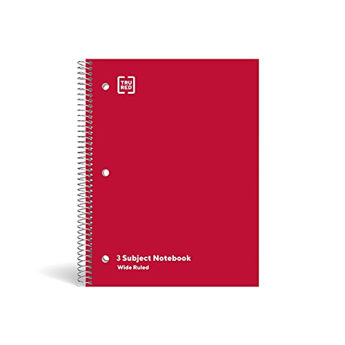 TRU RED 3‑Subject Notebook, 8” x 10.5”, Wide Ruled, 120 Sheets, Assorted Colors, 3‑Pack