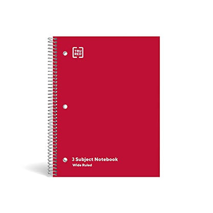 TRU RED 3‑Subject Notebook, 8” x 10.5”, Wide Ruled, 120 Sheets, Assorted Colors, 3‑Pack