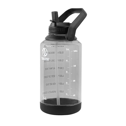 Takeya Motivational Water Bottle with Straw Lid and Time Marker (64 oz, Stormy Black) - Leakproof, BPA Free Water Bottle for Daily Intake Tracking - color: Stormy Black, size: 64 Ounces