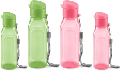 MILTON Bulk Water Bottles Set of 4 – 10 and 17oz Multicolor Bottles for Kids and Adults – Leak Proof with Carry Strap – Square Reusable Bottles for Juice, Drinks BPA-Free Dishwasher-Safe - color: Square Pink/Green