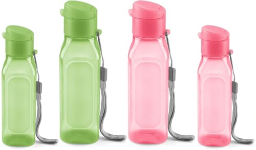 MILTON Bulk Water Bottles Set of 4 – 10 and 17oz Multicolor Bottles for Kids and Adults – Leak Proof with Carry Strap – Square Reusable Bottles for Juice, Drinks BPA-Free Dishwasher-Safe - color: Square Pink/Green