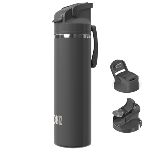 OISIZ Insulated Water Bottle 24 oz with 2 in 1 Spout and Straw Lid,One Click Safety Lock,100% Leakproof,Keep Cold 24H,Vacuum Stainless Steel Water Bottle for School,Travel and Sports,Dishwasher Safe - color: coal grey, size: 24 Ounces