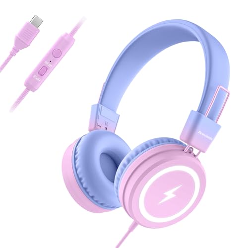 Bywulanda Kids Headphones with LED Lights for School, Upgrade USB Type C Kid Headphone with Microphone, Volume Limiter 85/94dB, Wired On Ear Headphones for Boys/Girls/Tablet/Travel -Gradient Purple - color: Gradient Purple