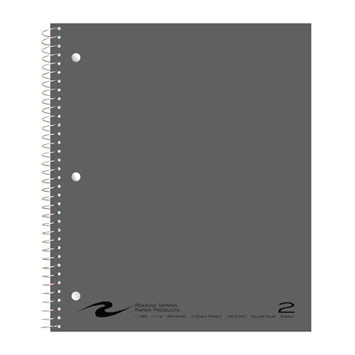 ROARING SPRING 2 Subject Spiral Notebook, 11" x 9", College Ruled, 100 Perforated Sheets, Assorted Glasscoat Covers, 2 Double Storage Pockets, Made in USA - size: 11" x 9" 100 Sheets (Pack of 1), style: Single Notebook
