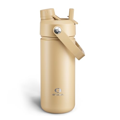 ENCOOL Insulated Water Bottle with Straw Stainless Steel Water Bottle, Leak-Proof, BPA-Free, Double Wall Vacuum Keeps Cold for 24 Hours for Sports, Travel, School (18 oz, Indian Khaki) - color: Indian Khaki, size: 18 Ounces
