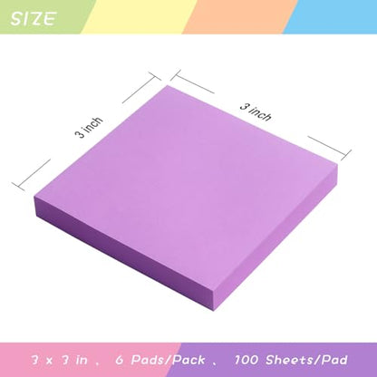 Sticky Notes 3x3 Self-Stick Notes Pads with 6 Bright Colors, Easy to Post for Office, Shool, Home, 6 Pads/Pack, 100 Sheets/Pad (Purple) - color: Purple
