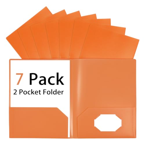 Orange Folders with Pocket 7 Pack, 2 Pocket File Folders Bulk, Plastic Paper Folder, File Folders with Card Slot for Student School, Home Office Business Supplies - color: Orange