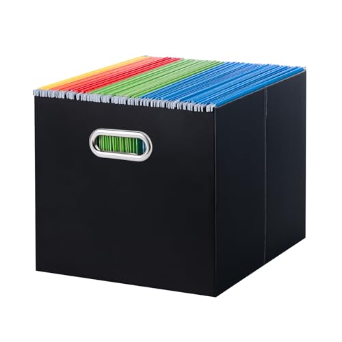 Oterri Portable Collapsible Cardboard File Box with Handle for Letter-Size | 1-Pack. Stainless Steel Handle. Label Stickers Included. Fits Letter Folders (Not Included). Home, Office, School, Dorm, Tax. - color: Black, size: Letter Size - 1 Pack-Large