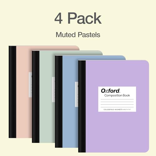 Oxford Composition Notebooks, 4 Pack, College Ruled, 7.5 x 9.75 Inches, 80 Sheets, 160 Pages, Assorted Pastel Covers, Conversion Chart and Class Schedule, Writing Supplies for Students and Teachers