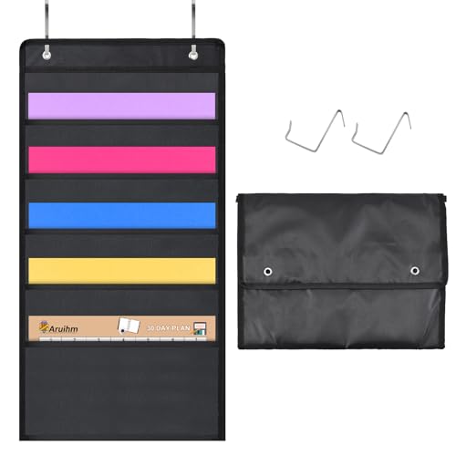 Pocket Chart for Classroom Hanging Wall File Organizer 5 Pocket, Black Wall Storage Pocket Charts with 3 Hangers, Oxford Cloth Storage Pocket, Great for Classroom, Home or Office Use - size: 5 Pockets