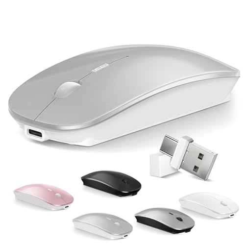 Mouse for MacBook Wireless Bluetooth Mouse Laptop MacBook Air Mac Pro Rechargeable Silent PC iPad Optical Mouse with Dual Mode Switch Bluetooth 5.2/3.0 and 2.4GHz USB Type-C Receiver Silvery - color: 4.Bluetooth Wireless Mouse (Silver)