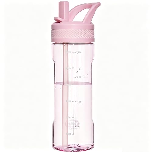 OLDLEY 20oz Kids Water Bottle with Straw, BPA-Free Tritan Water Bottle for School, Leakproof Clear Water Bottle with One Click Open, Measurement Scale, Cup Holder Friendly for Boys Girls,Pink - color: Pink