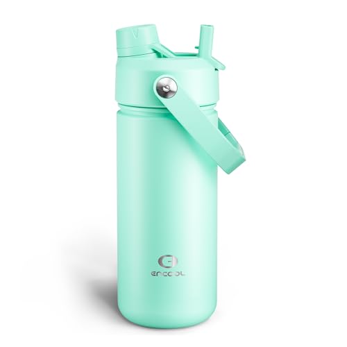 ENCOOL Insulated Water Bottle with Straw Stainless Steel Water Bottle, Leak-Proof, BPA-Free, Double Wall Vacuum Keeps Cold for 24 Hours for Sports, Travel, School (18 oz, Brook Green) - color: Brook Green, size: 18 Ounces
