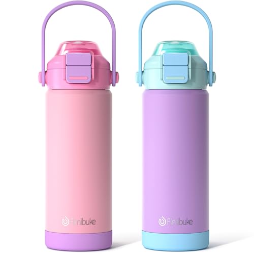 Fimibuke Kids Insulated Water Bottle with Pop-Open Straw & Spout 2-in-1 Lid, 18oz Leak Proof 18/8 Stainless Steel Vacuum Tumbler, BPA-Free Kids Cup For Travel School Boys Girls Toddler 2Packs Macaron - color: A1.Macaron, size: 18 Ounces