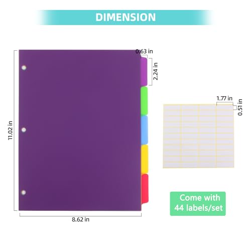 6 Sets 5 Tab Binder Dividers, Plastic Binders Dividers with Tabs Colorful Big Tab Fit Standard 8.5 X 11 Sheets, Dividers for 3 Ring Binder