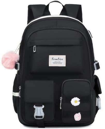 College School Backpack for Girls Women Cute Laptop Bookbag for Teens | 17.3 Inch Laptop Compartment | Multi Pockets | Big Student School Bags | Travel Daypack - color: Black, size: Fits 17.3in PC