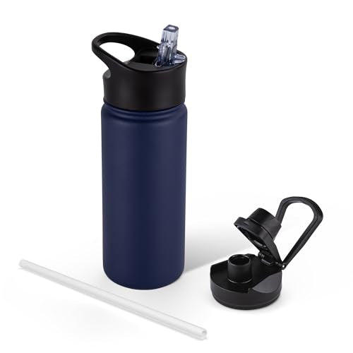 16 oz Insulated Water Bottle for School, Straw & Spout Lid, Keep Cold 24H, Spill Proof, BPA-Free, Double Wall Stainless Steel Kids Water Bottles for Sports, Gym, Travel, Navy Blue - color: Navy Blue, size: 16 Ounces