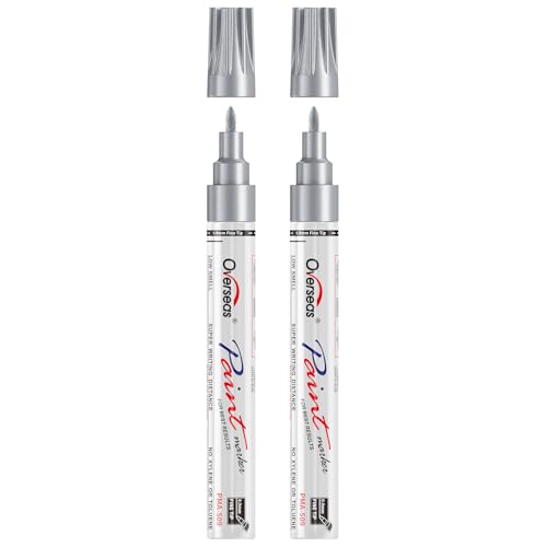 Overseas Silver Oil Based Paint Markers, 2 Fine Tip Permanent Paint Pens | 0.9mm Fine Nib, Waterproof, Quick Dry, Fade Resistant, Oil Marker Pen for Metal, Rubber, Wood, Plastic, Rock, Glass, Canvas - color: Silver