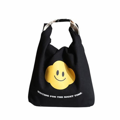Japanese Bento Bag, Stylish Smiley Face Canvas Insulated Lunch Tote with Handle and Buckle Roll-up Lunch Bag - color: Black