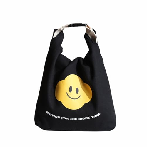Japanese Bento Bag, Stylish Smiley Face Canvas Insulated Lunch Tote with Handle and Buckle Roll-up Lunch Bag - color: Black