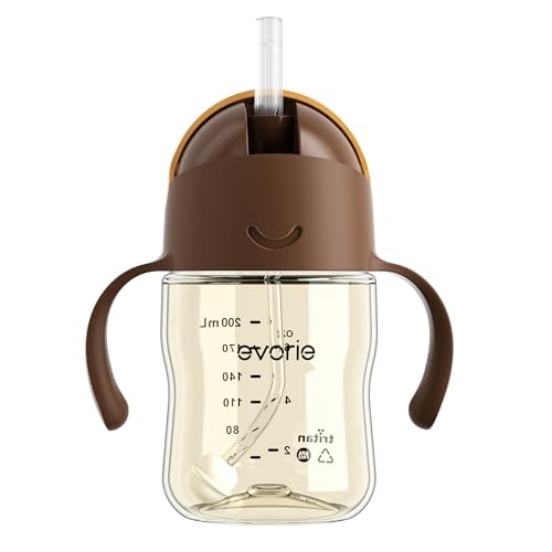 Evorie Tritan Weighted Straw Cup Baby Training Cup, Spill Proof, 7 Oz, 6M+ | BPA & BPS-Free, First learning cup, 360° drinking, Dishwasher safe, Durable Sippy Cup, Brown - color: Brown