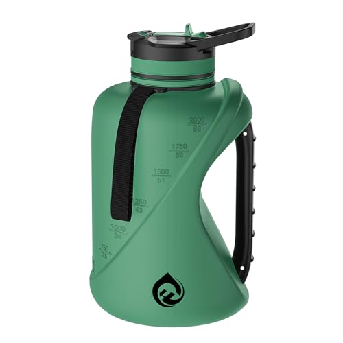 2.2L Half Gallon Water Bottle with Straw & Chug Lid, Dishwasher Safe BPA-Free PP Plastic Jug, Heavy Duty Leakproof Gym Bottle with External Handle & Carrying Strap, Motivational Oz/ML Marker - color: Green, size: 74 Ounces