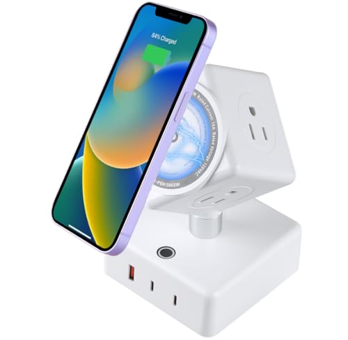 Power Strips Tower 45W Charging Station 180° Rotatable Cube Design | 15W Magnetic Wireless Charger for Multiple Devices, Several Outlet Extender, Dorm Room Essentials, Usb Charger x 3