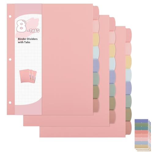 3 Sets of 24Pcs Binder Dividers with Tabs, 8 Tab Dividers for 3 Ring Binder | Waterproof Plastic Page Notebook Index Dividers for Office School Home Document file Organization, Letter size 8.5 × 11 Inch - color: Colorful (Pink), size: 3 Set/24 Pcs