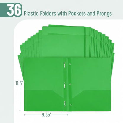 Mr. Pen- Plastic Folders with Pockets and Prongs, 36 Pack, Letter Size | Green, Flexible Plastic Folders with Prongs and Card Slot - color: Green, size: 36 Pack