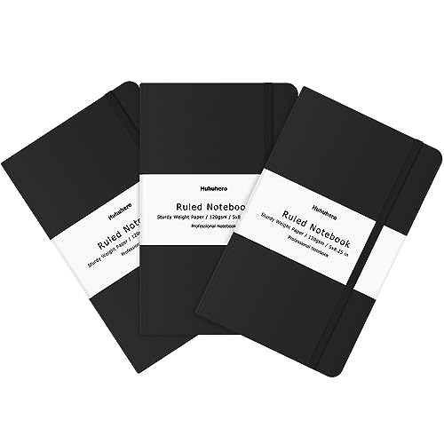 Huhuhero Lined Notebook Journal, 120Gsm Thick Paper College Ruled Journal, Hardcover Notebooks for Work School Note Taking, Office School Supplies 5"×8.25" (3, Black) - color: Black, size: 3