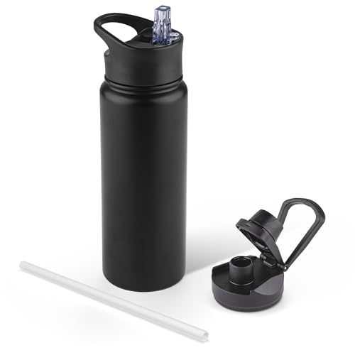 24 oz Insulated Water Bottle with Straw Lid & Wide Mouth Lids, Stainless Steel Sports Water Bottles, Double Walled Vacuum, Leak Proof,Black - color: Black, size: 24 Ounces