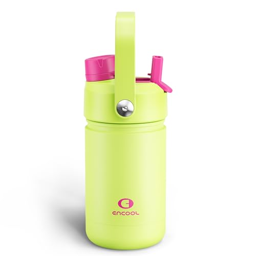 Kids Insulated Water Bottle with Straw - 12oz Stainless Steel Water Bottle with Dual Spouts, Leak-Proof, BPA-Free, Double Wall Vacuum Keeps Cold for 24 Hours for Sports, Travel, School (Acid Green) - color: Acid Green, size: 12 Ounces