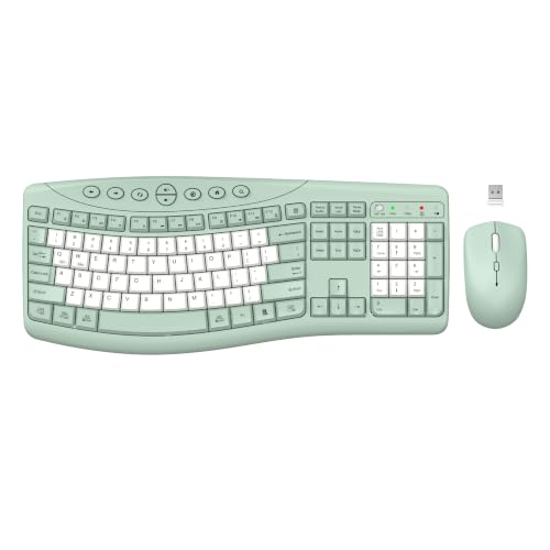 Wireless Keyboard and Mouse Combo, 2.4G Full Size Quiet Ergonomic Curved Keyboard for Natural Typing, 3-Level DPI Adjustable Silent Mouse for Windows, Mac OS, Desktop/Office and Home (Avocado Green-B) - color: Avocado Green