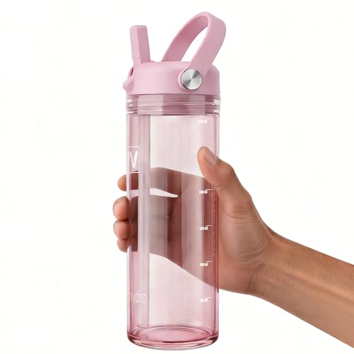 20 oz Clear Water Bottle with Straw & Handle, Leakproof Tritan Water Bottle, BPA Free Reusable Plastic Bottle with Volume Markings, Dishwasher Safe for School,Travel, Sports, Pink - color: Pink, size: 20 Ounces
