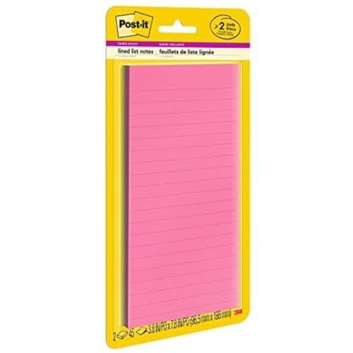 Post-it Super Sticky Notes, 3 in. x 8 in., Energy Boost Collection – 2 Pads/Pack, 45 Sheets/Pad – Lined, Recyclable, Assorted Colors