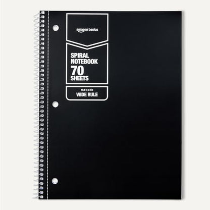 Amazon Basics Wide-Ruled Spiral Notebooks, 8" x 10-1/2", 70 Sheets, Black, 2-Pack - color: Black, style: Wide Ruled 2-pack