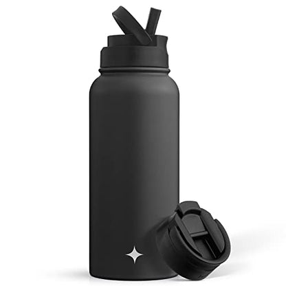 JoyJolt Triple Insulated Water Bottle with Straw Lid AND Flip Lid! 32oz Large Water Bottle, 12 Hour Hot/Cold Vacuum Insulated Stainless Steel Bottle. BPA-Free Leakproof Water Bottles - Thermos Bottle - color: Matte Black, size: 32 Ounces