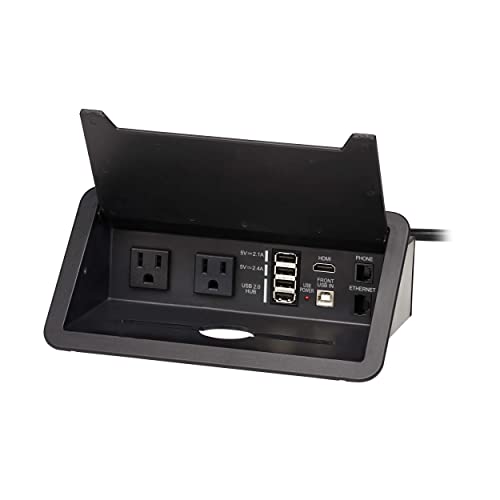 Tripp Lite in-Desk 2-Outlet Power + 5-USB Charging Dock - Phone, Ethernet & HDMI Ports for Cable Management - 4 USB-A & 1 USB-B Ports, Hinged Door, 10 ft Cord, (PS222DATAM)