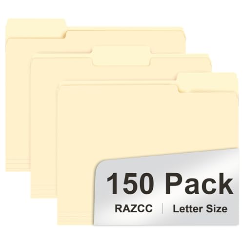 File Folder, RAZCC 150 Pack 1/3 Cut Tab File Folders Letter Size, Manila Folders, Folders with Tab, Great for Organizing and Easy File Storage - color: Manila