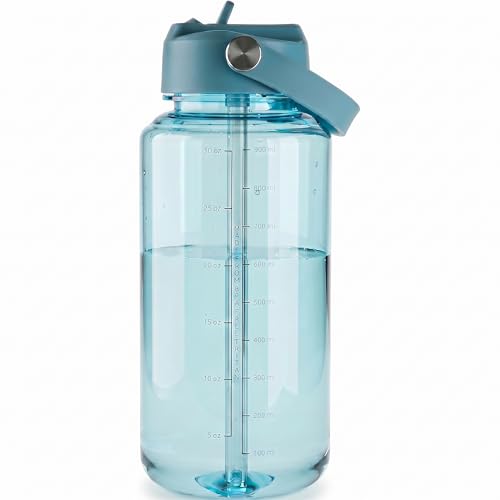 OLDLEY 32oz Water Bottle with Straw,Leakproof Tritan Clear Bottle with Marked Bottle and Carry Handle, BPA-Free Wide Mouth Reusable Sports Water Bottle for Gym,Hiking, Camping,Travel,Workout,Surfer - color: Surfer