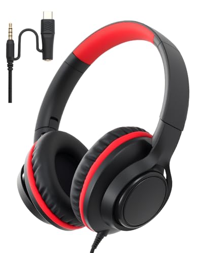 USB C & 3.5mm 2 in 1 Wired Headphones, Stereo Over Ear Headphones with HD Mic, Tangle-Free Nylon Cord, Foldable Earphones for iPad, Tablet, Laptop, Android, School, Travel - color: Black