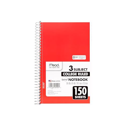 Mead 3-Subject Notebooks, 5.5" x 9.5", College Ruled, 150 Sheets, Assorted Colors, 12/Carton